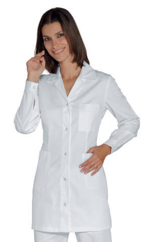 Camice Corto Sciancrato da Donna per Settore Medicale o Multiuso Bianco Bottoni A Pressione Manica Lunga