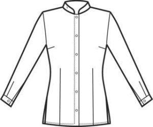 Bozzetto anteriore della camicia da donna sciancrata con collo alla coreana