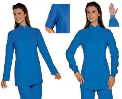 Casacca Donna Azzurro Scuro Collo Coreana Manica Lunga e Corta Uso Medico 100% cotone
