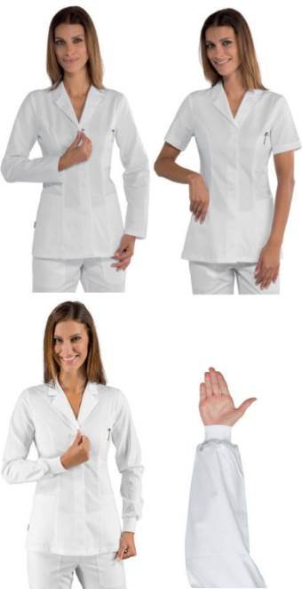 casacca donna bianco estetista medicale spa slim con bottone automatico tessuto boheme manica lunga corta con polso in maglia