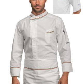 Giacca Cuoco Bianca Con Profili Tricolore con bottoni a pressione Leggera