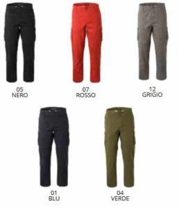Pantalone Cargo Da Lavoro Di Cotone Con Tasche Laterali 5 Varianti Rosso Blu Verde Nero Grigio