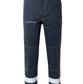 Pantaloni Blu In Cotone Con 2 Bande Catarifrangenti per Lavori Stradali