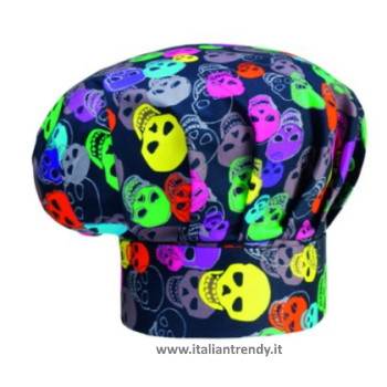 Cappello da cuoco ego in cotone fantasia Color skulls Fondo nero con fantasia teschi colorati
