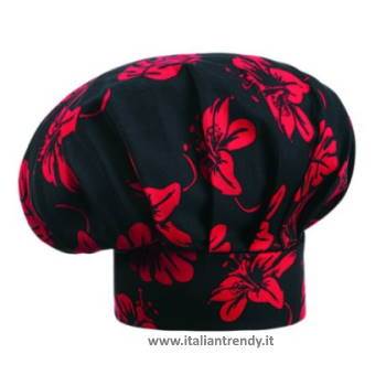 Cappello da cuoco ego in cotone fantasia Ibiscus Fondo nero con fantasia fiori rossi