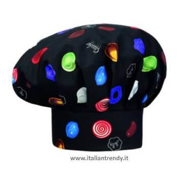 Cappello da cuoco ego in cotone fantasia Bon Bon Fondo nero con fantasia dolci colorati