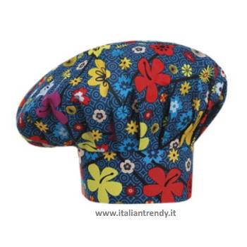 Cappello da cuoco ego in cotone fantasia Daisy Fondo blu con fantasia fiori colorati