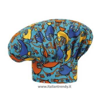 Cappello da cuoco ego in cotone fantasia Shark Fondo azzurro con fantasia pesci