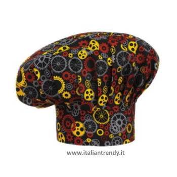 Cappello da cuoco ego in cotone fantasia Gear Fondo nero con fantasia ingranaggi colorati