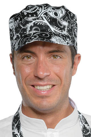 cappello cameriere bar gelateria creperia unisex a fantasia berretto sam cotone skull 12 fondo nero con disegni bianchi