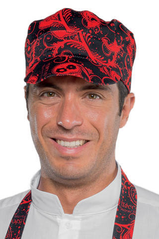 cappello cameriere bar gelateria creperia unisex a fantasia berretto sam cotone skull 07 fondo nero con disegni rossi