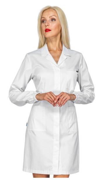 classico camice da donna bianco da laboratorio a maniche lunghe e con elastico ai polsi