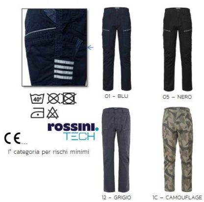 Pantalone da lavoro multitasca elasticizzato per uomo in blu, grigio, nero e camouflage o mimetico. Codice: A80704 linea R-Stretch.