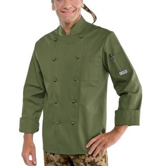 Completo giacca da cuoco verde militare+ pantalone in fantasia mimetica verde militare. codici: 058034+044574