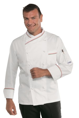 Giacca Cuoco Bianca Con Profili Tricolore con bottoni a pressione Leggera