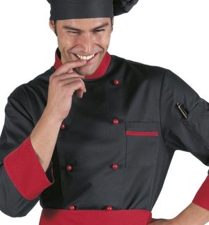 Completo Giacca Cuoco Nero Con Inserti Rossi+ Pantalone Rosso