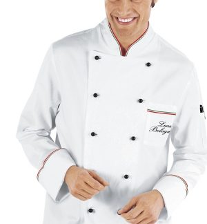 Giacca Cuoco Bianca Con Profili Tricolore in Cotone Doppio Petto
